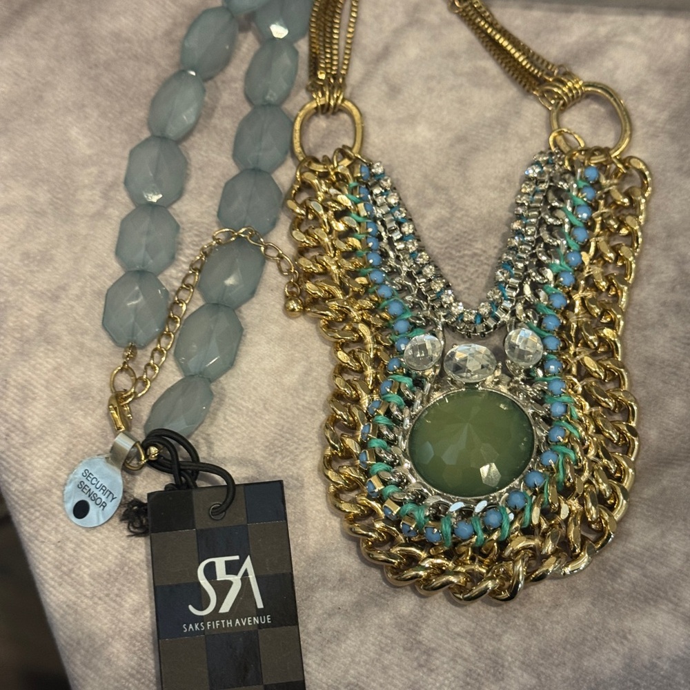 Saks Fifth Avenue Gold and Aqua  Beaded‎ Chain Elaborate Long Necklace NWT $148